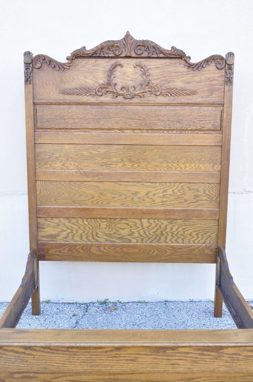 Antique Eastlake Victorian Oak Wood Tall Headboard Full Size Bed Frame In Good Condition For Sale In Philadelphia, PA
