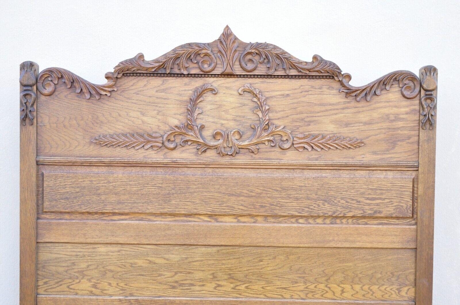 Antique Eastlake Victorian Oak Wood Tall Headboard Full Size Bed Frame In Good Condition For Sale In Philadelphia, PA