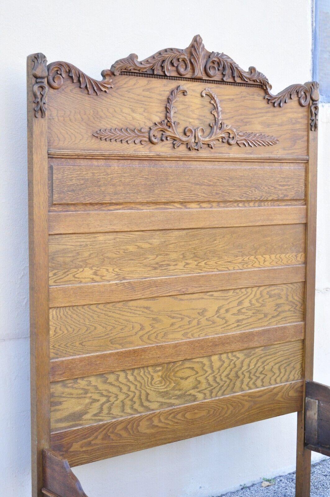 19th Century Antique Eastlake Victorian Oak Wood Tall Headboard Full Size Bed Frame For Sale