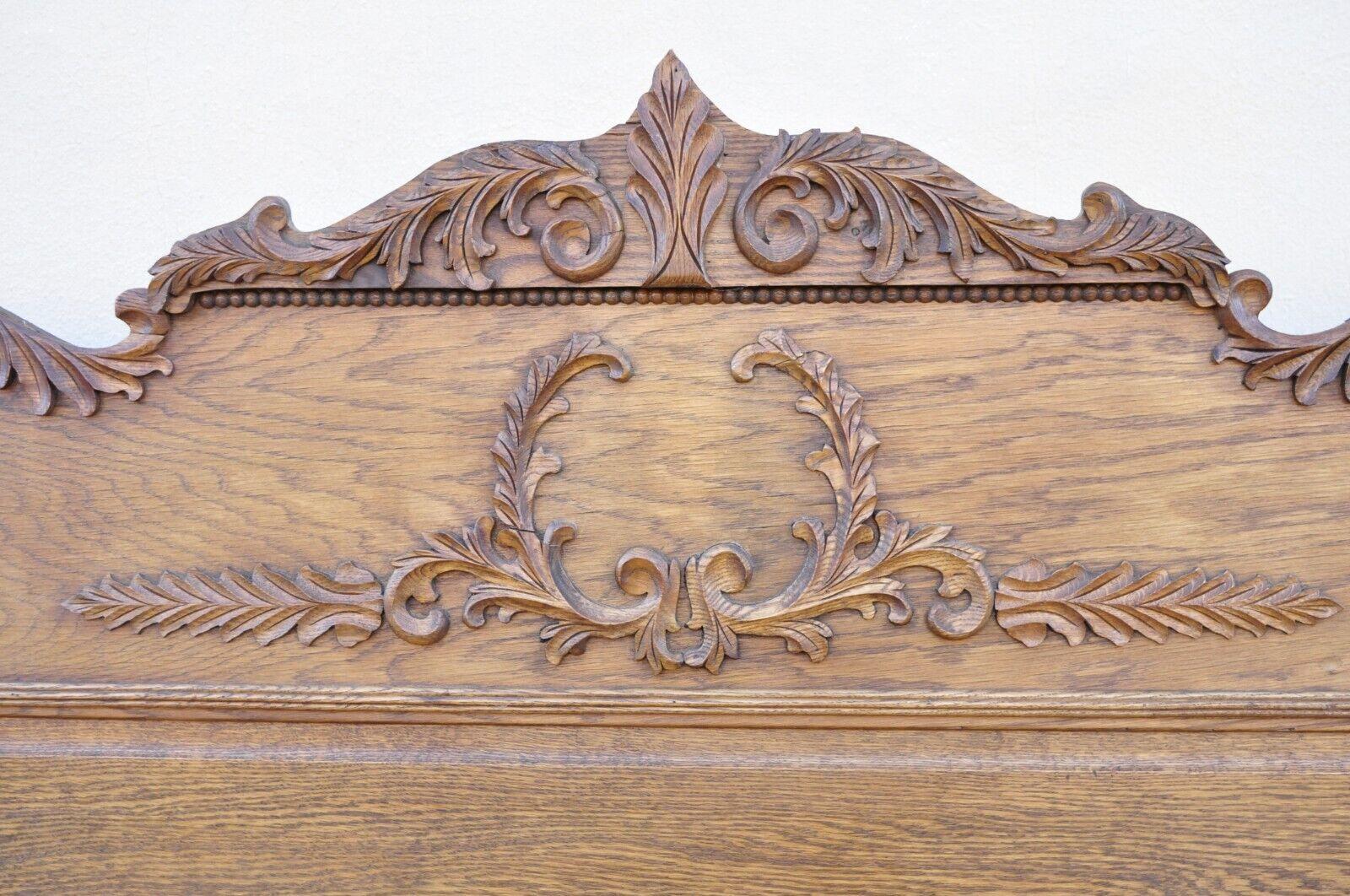 19th Century Antique Eastlake Victorian Oak Wood Tall Headboard Full Size Bed Frame