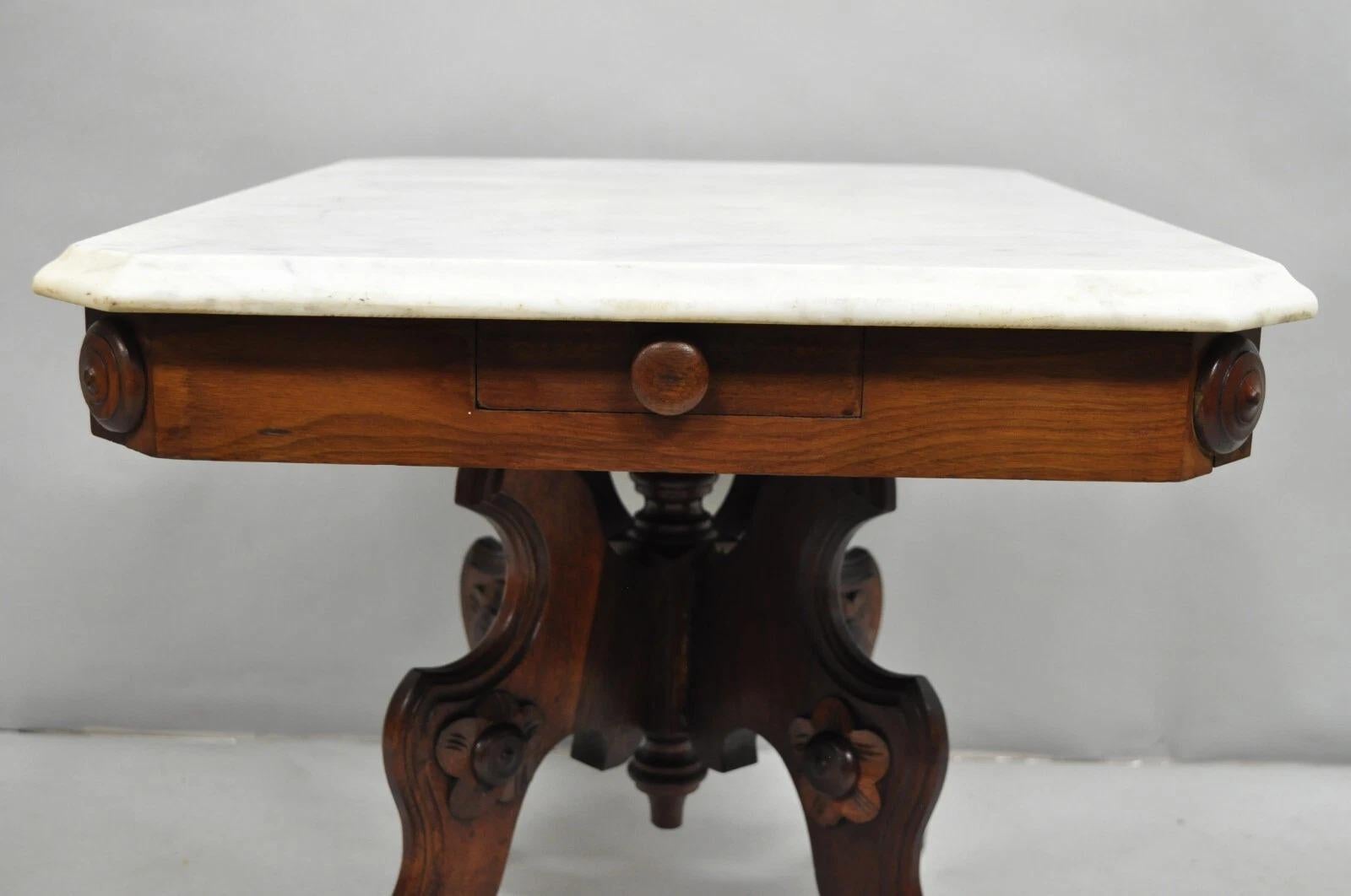 Antique Eastlake Victorian Small Marble Top Pedestal Base Coffee Table w/ Drawer For Sale 5