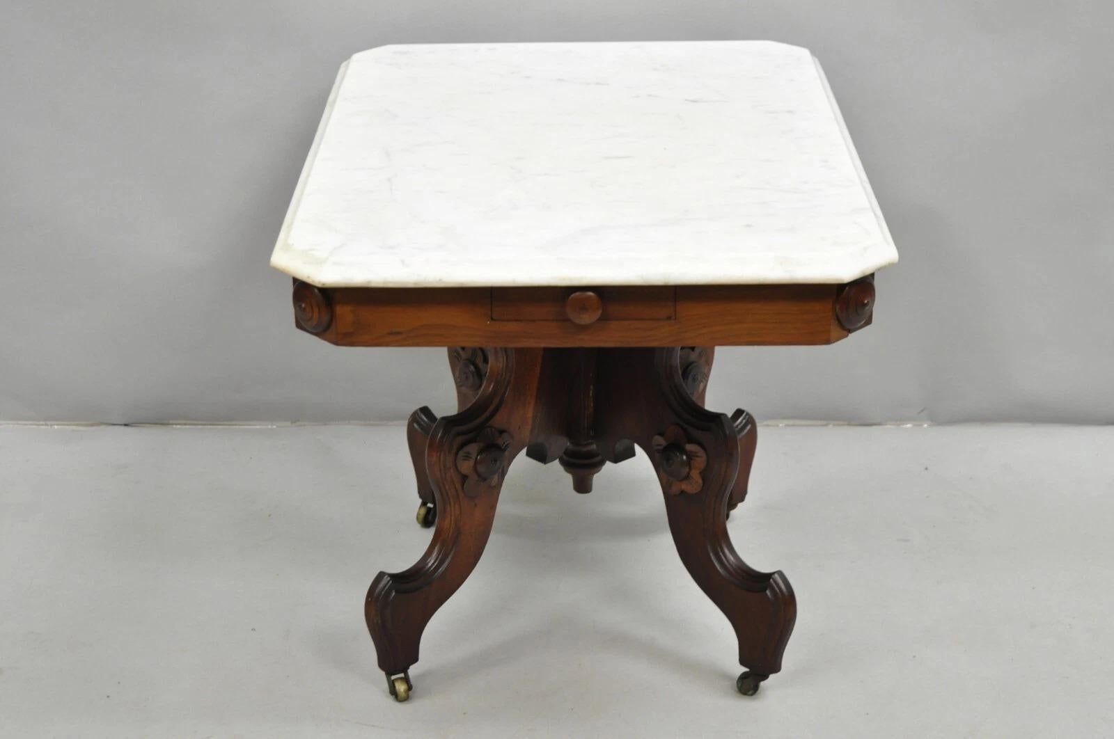 Antique Eastlake Victorian Small Marble Top Pedestal Base Coffee Table w/ Drawer For Sale 6