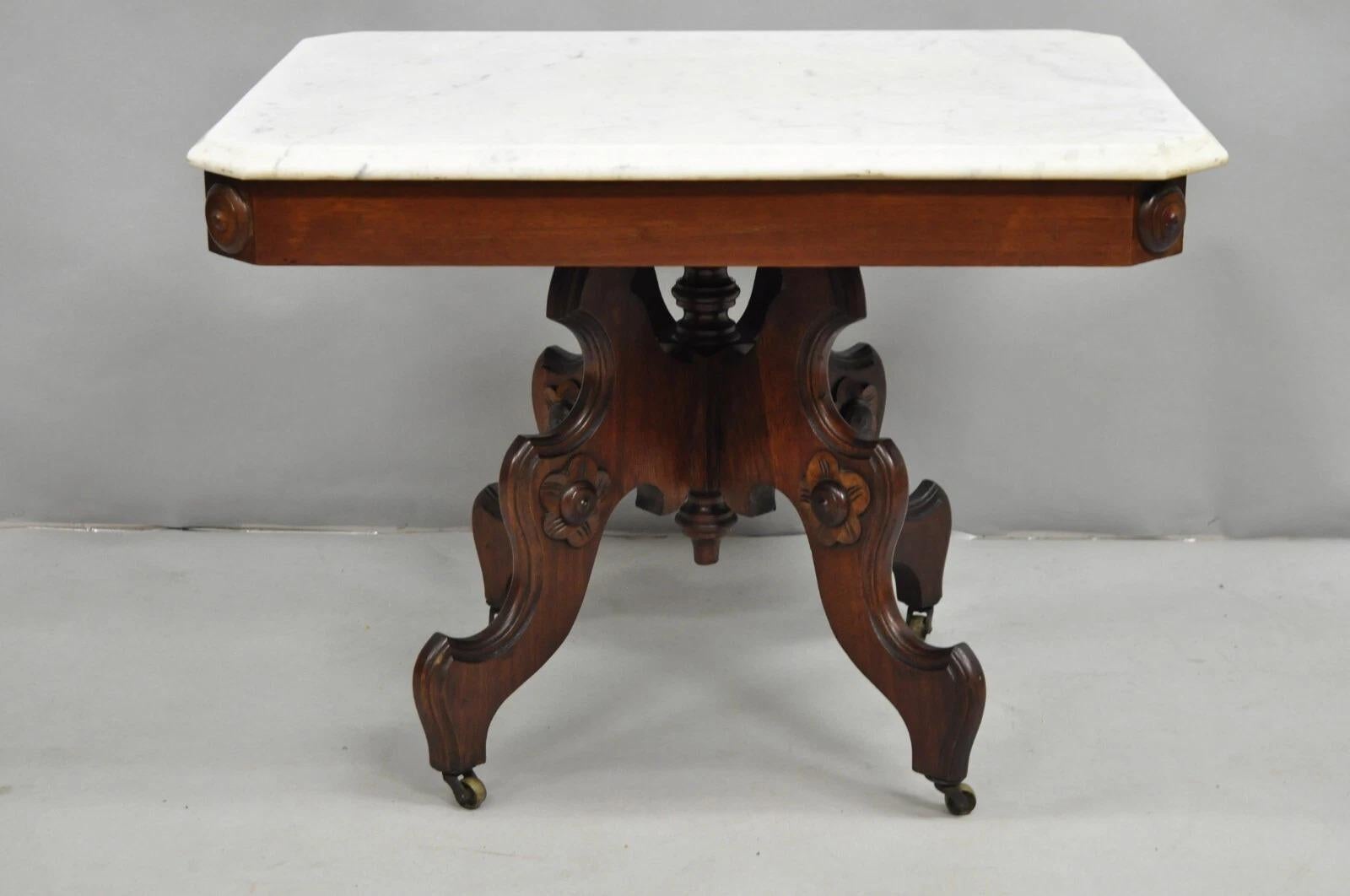 Antique Eastlake Victorian Small Marble Top Pedestal Base Coffee Table w/ Drawer For Sale 7