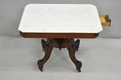 Antique Eastlake Victorian Small Marble Top Pedestal Base Coffee Table w/ Drawer
