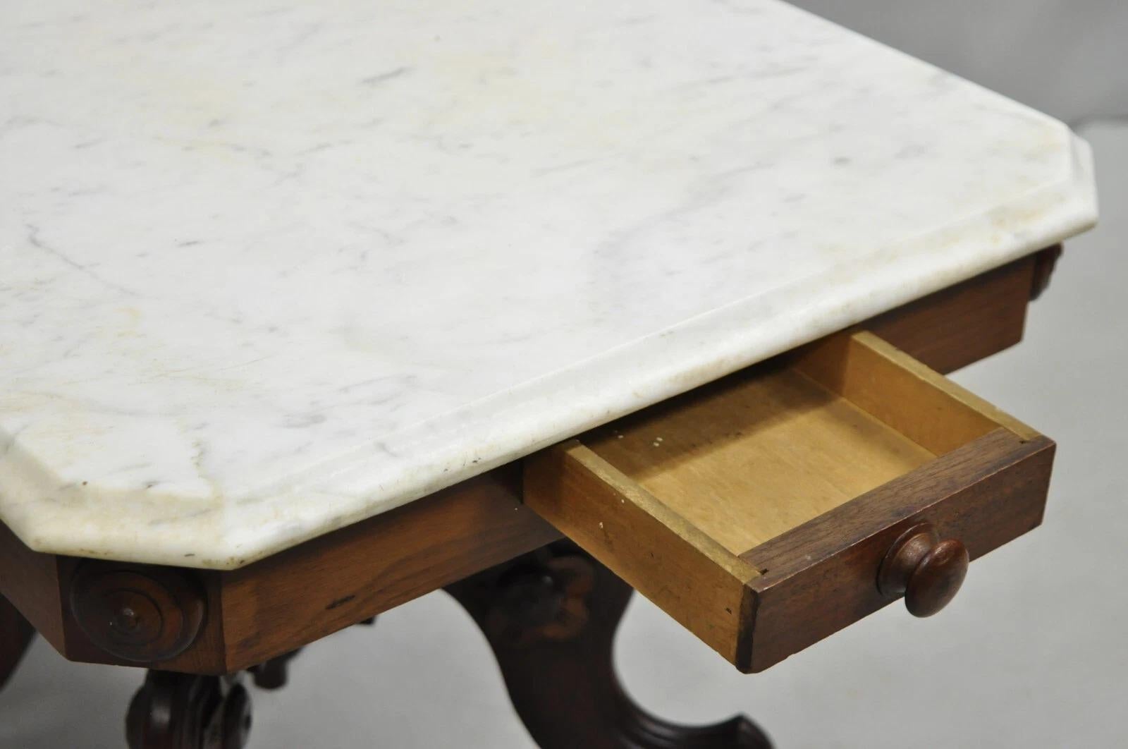 Unknown Antique Eastlake Victorian Small Marble Top Pedestal Base Coffee Table w/ Drawer For Sale