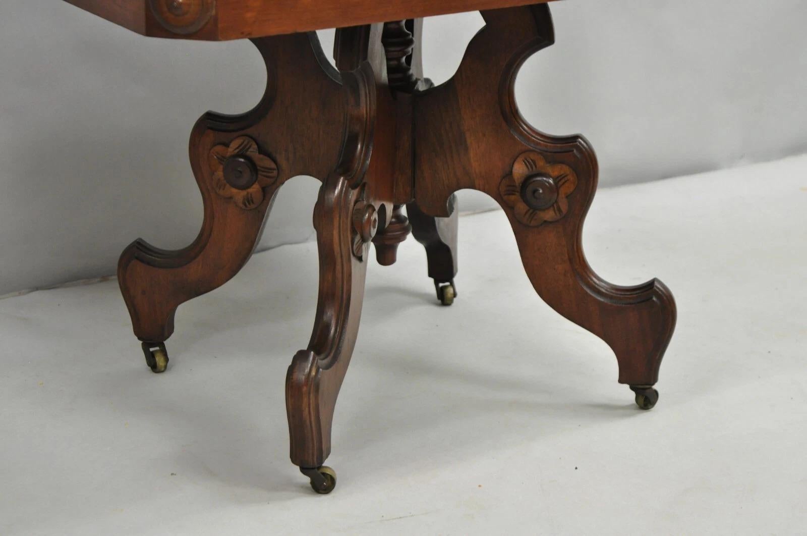 19th Century Antique Eastlake Victorian Small Marble Top Pedestal Base Coffee Table w/ Drawer For Sale