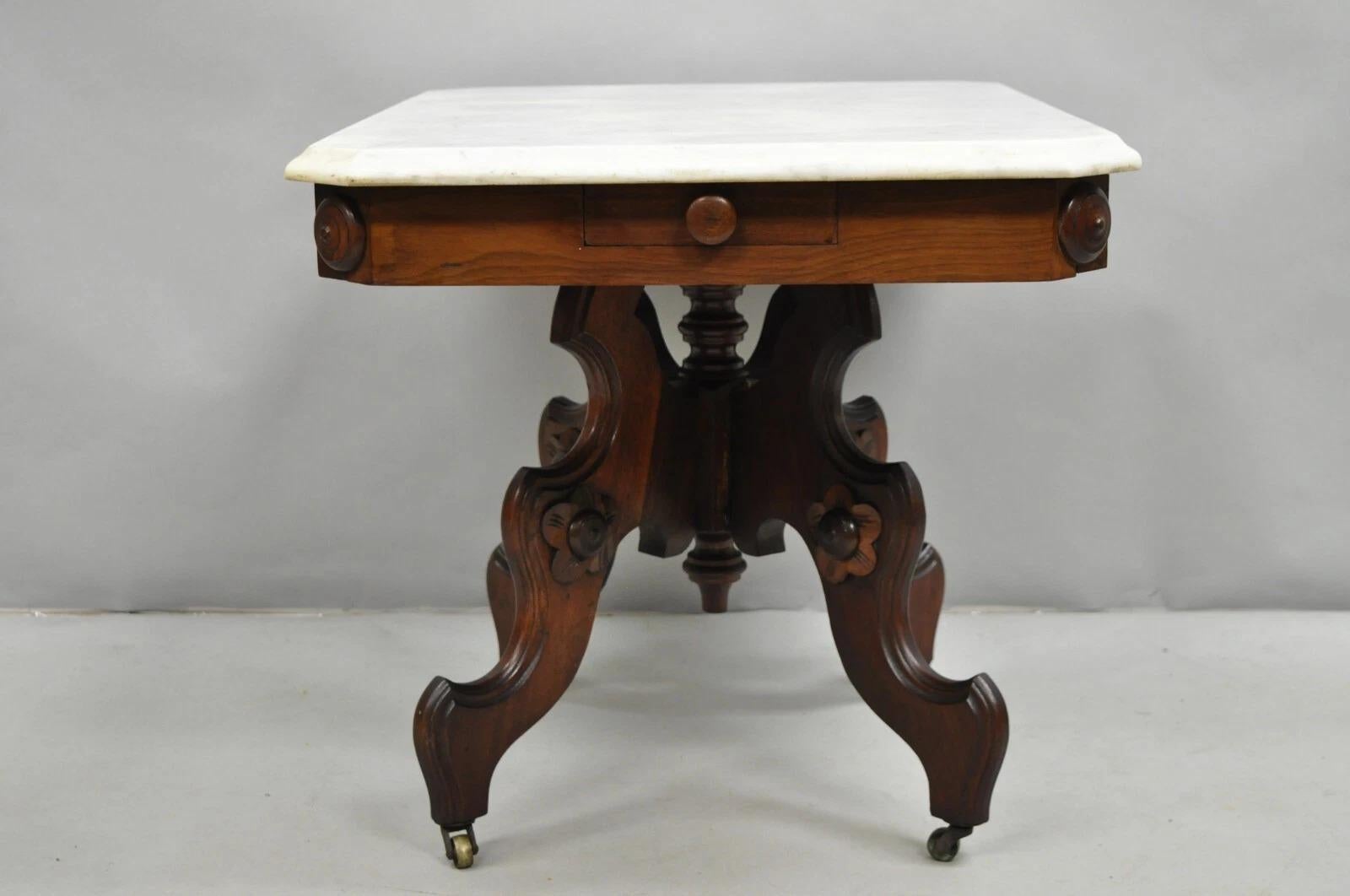 Antique Eastlake Victorian Small Marble Top Pedestal Base Coffee Table w/ Drawer For Sale 1