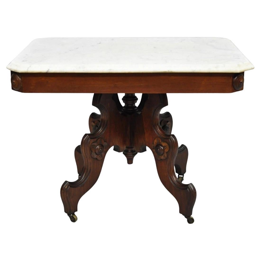 Antique Eastlake Victorian Small Marble Top Pedestal Base Coffee Table w/ Drawer For Sale