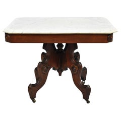 Antique Eastlake Victorian Small Marble Top Pedestal Base Coffee Table w/ Drawer