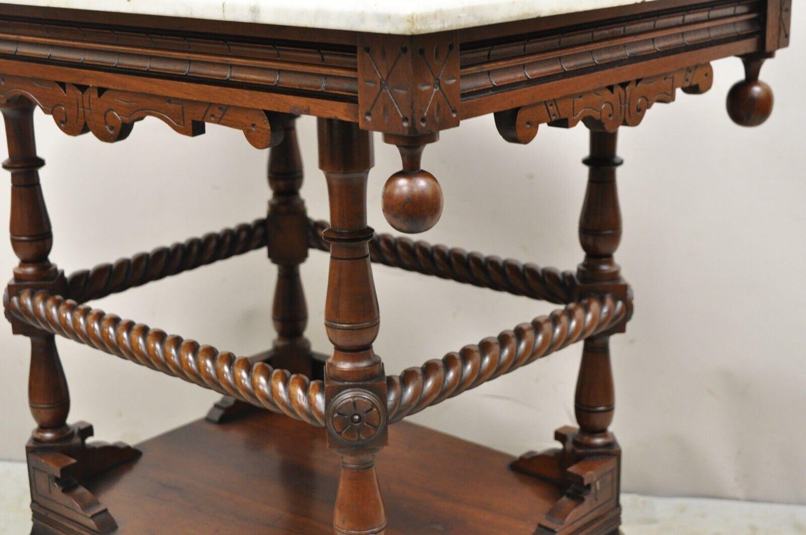 Antique Eastlake Victorian Spiral Carved Walnut Marble Top Two Tier Parlor Table For Sale 6