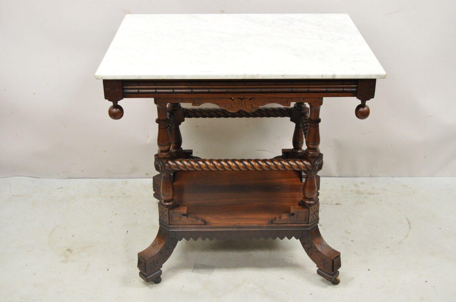 Antique Eastlake Victorian Spiral Carved Walnut Marble Top Two Tier Parlor Table For Sale 8