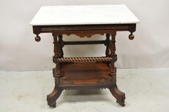 Antique Eastlake Victorian Spiral Carved Walnut Marble Top Two Tier Parlor Table
