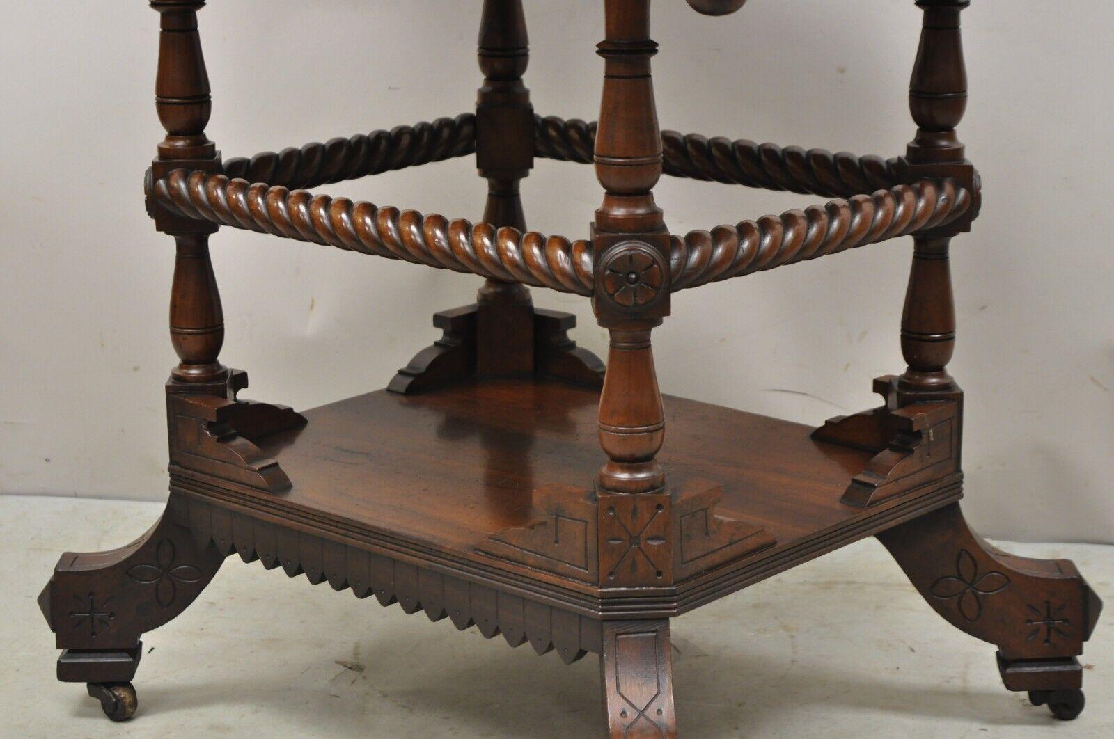 Antique Eastlake Victorian Spiral Carved Walnut Marble Top Two Tier Parlor Table In Good Condition For Sale In Philadelphia, PA