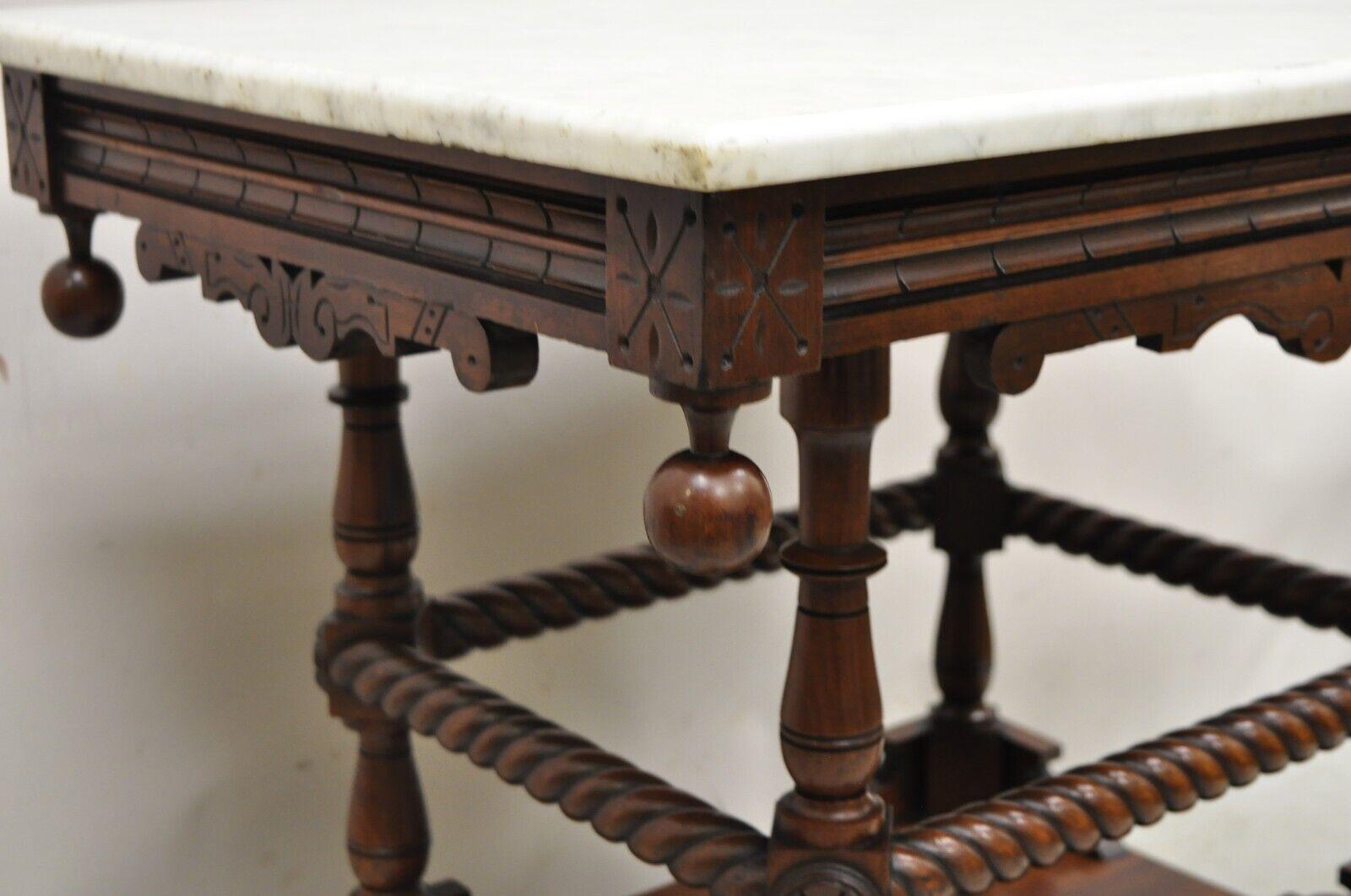 Antique Eastlake Victorian Spiral Carved Walnut Marble Top Two Tier Parlor Table For Sale 2