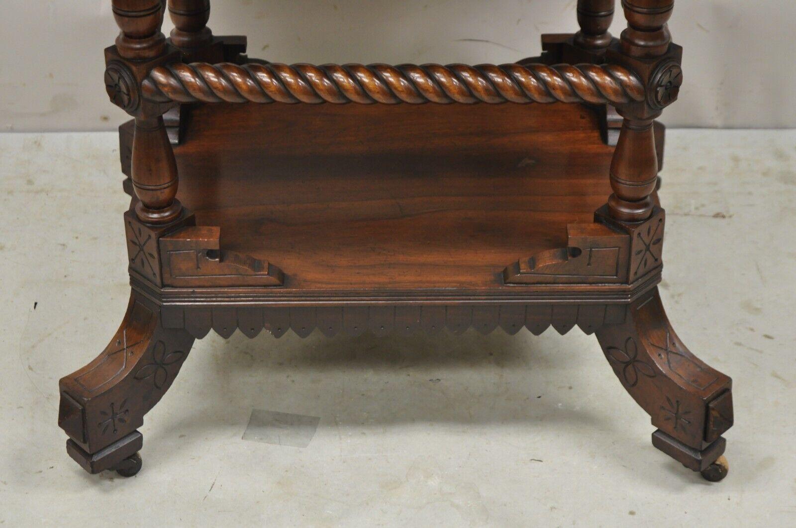 Antique Eastlake Victorian Spiral Carved Walnut Marble Top Two Tier Parlor Table For Sale 4