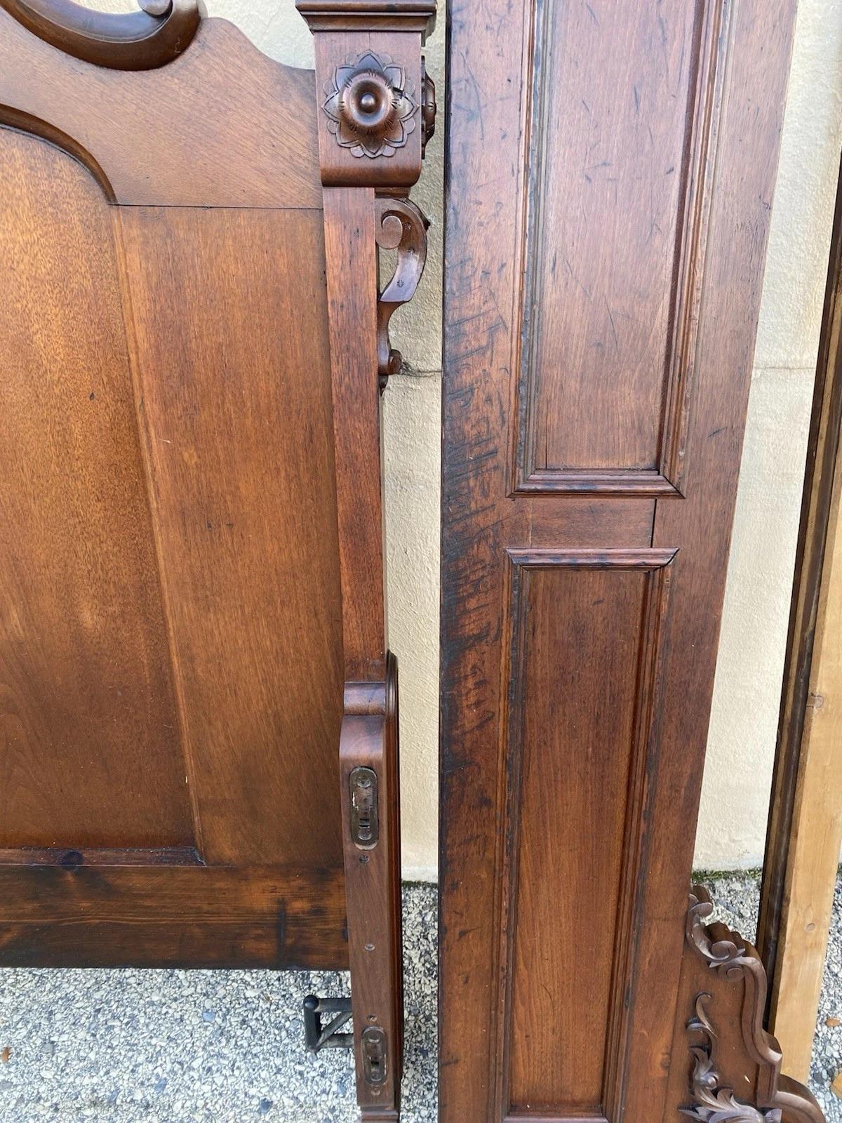 Antique Eastlake Victorian Stately Carved Walnut Highback Full Size Bed Frame 5