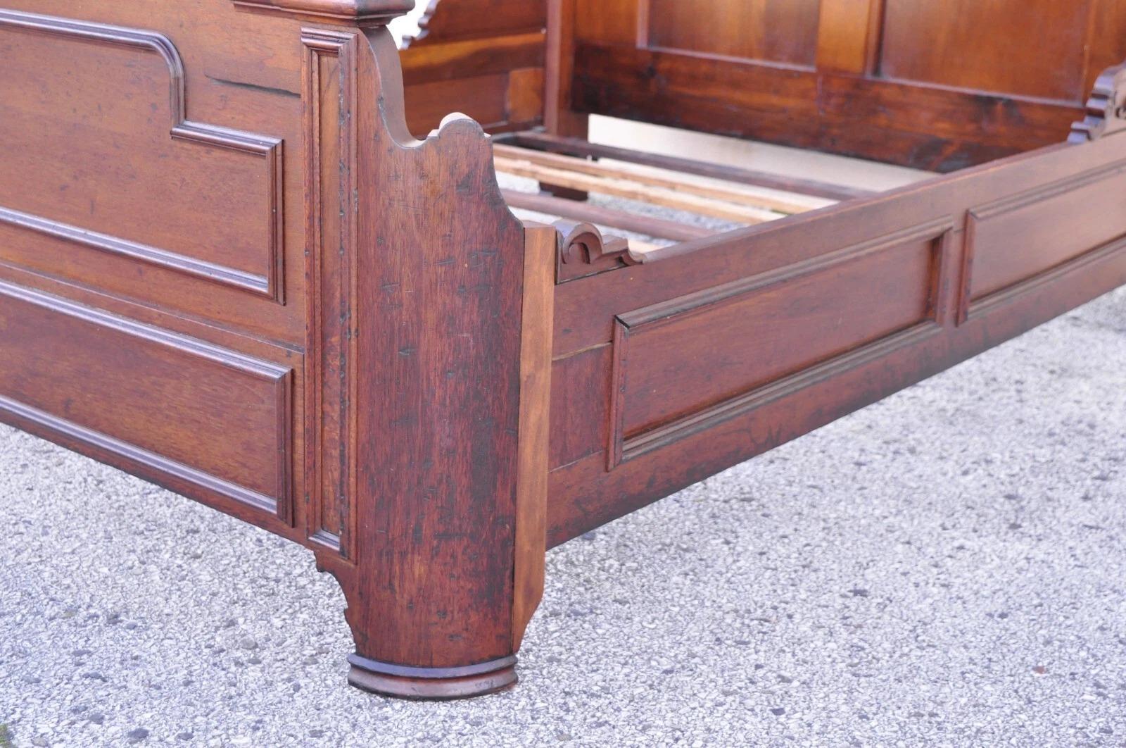 Antique Eastlake Victorian Stately Carved Walnut Highback Full Size Bed Frame 6