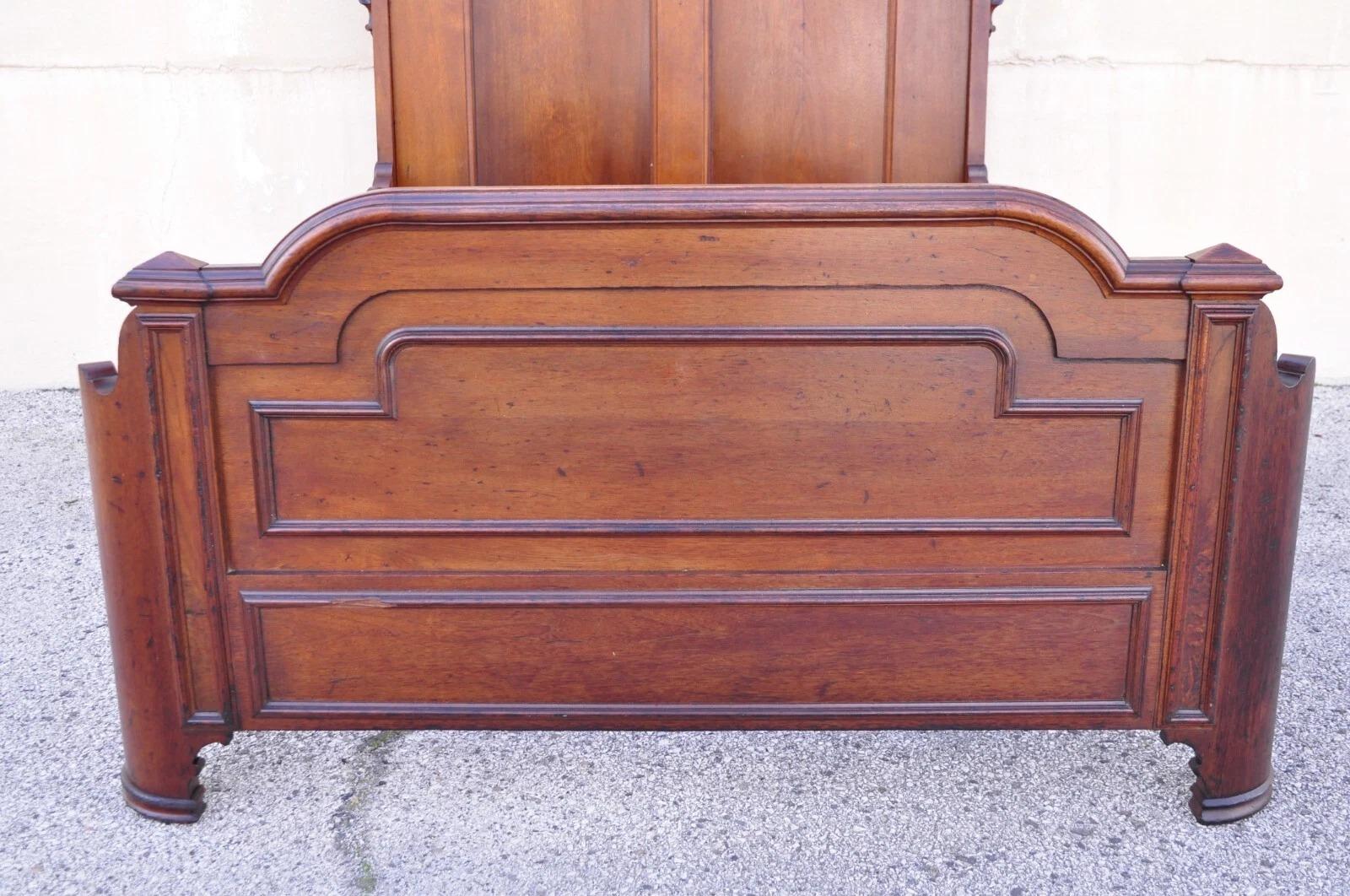 Antique Eastlake Victorian Stately Carved Walnut Highback Full Size Bed Frame In Good Condition In Philadelphia, PA