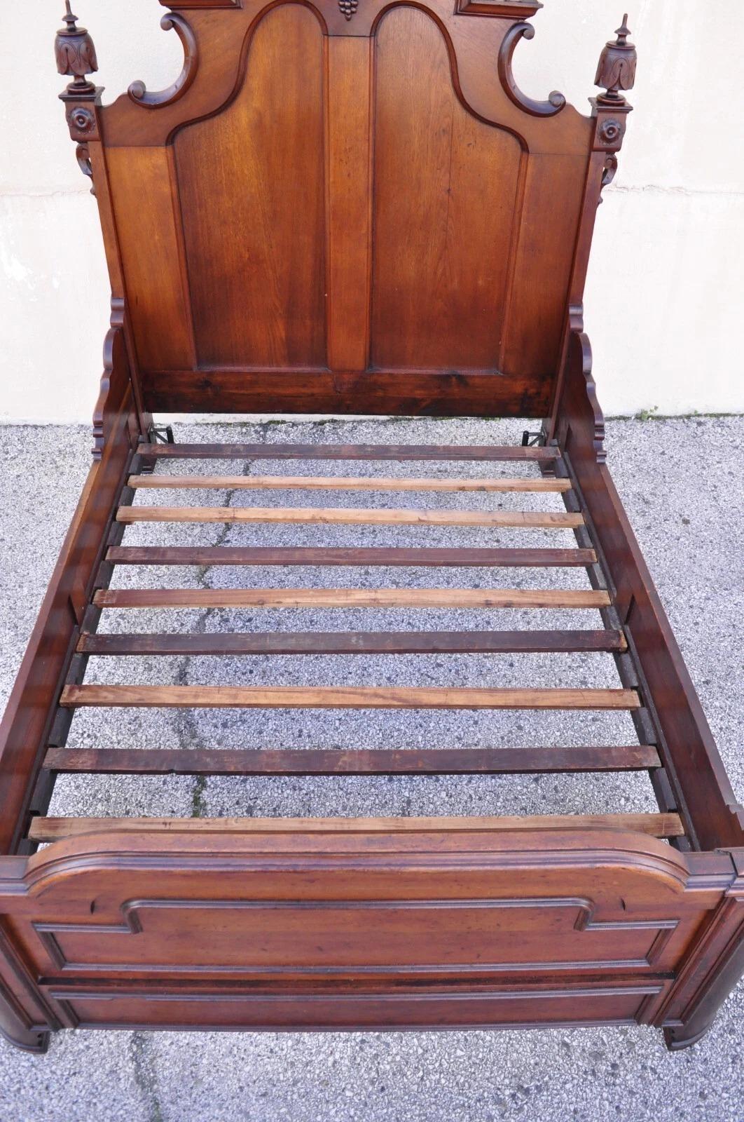 Antique Eastlake Victorian Stately Carved Walnut Highback Full Size Bed Frame 1