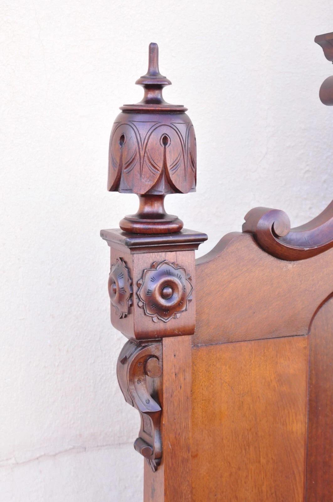 Antique Eastlake Victorian Stately Carved Walnut Highback Full Size Bed Frame 2