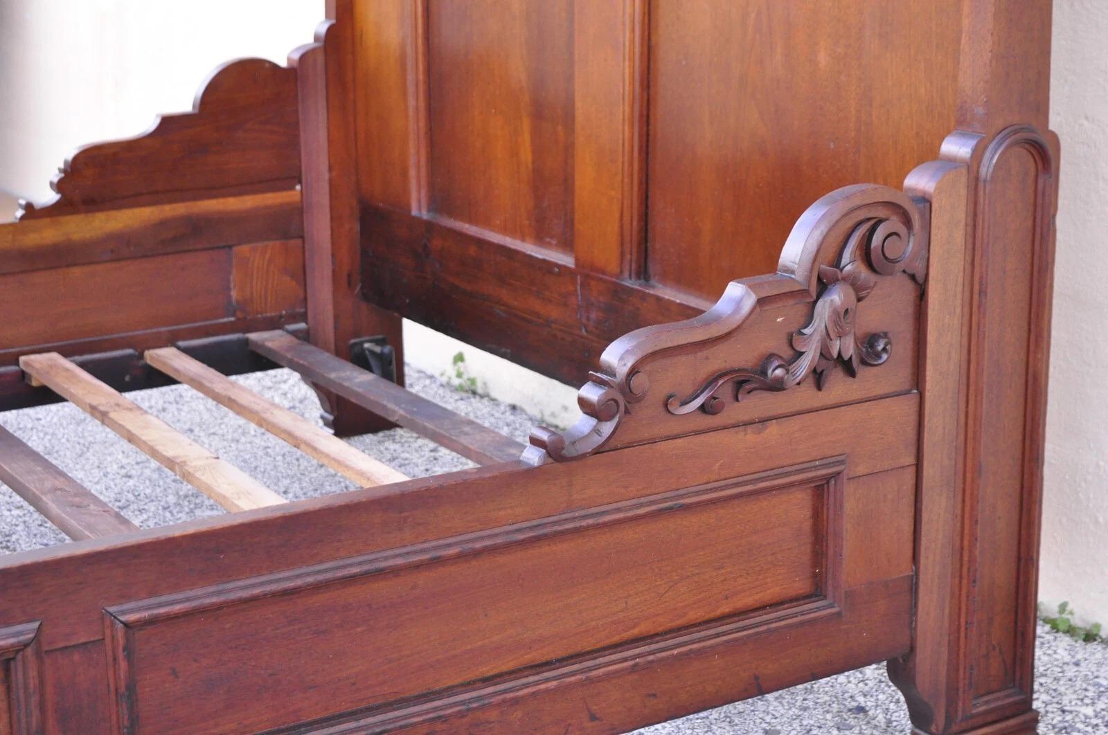 Antique Eastlake Victorian Stately Carved Walnut Highback Full Size Bed Frame 3