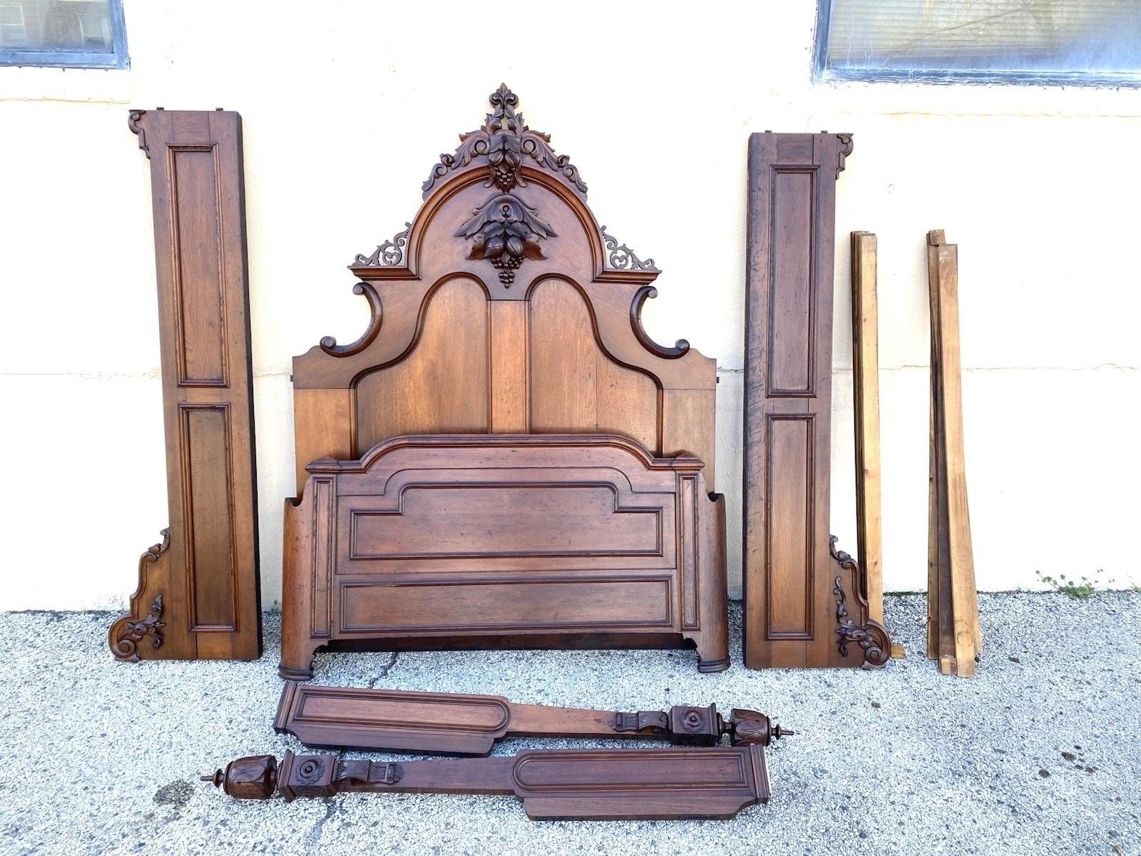 Antique Eastlake Victorian Stately Carved Walnut Highback Full Size Bed Frame 4