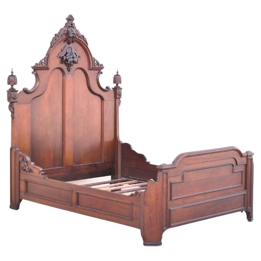 Antique Eastlake Victorian Stately Carved Walnut Highback Full Size Bed Frame
