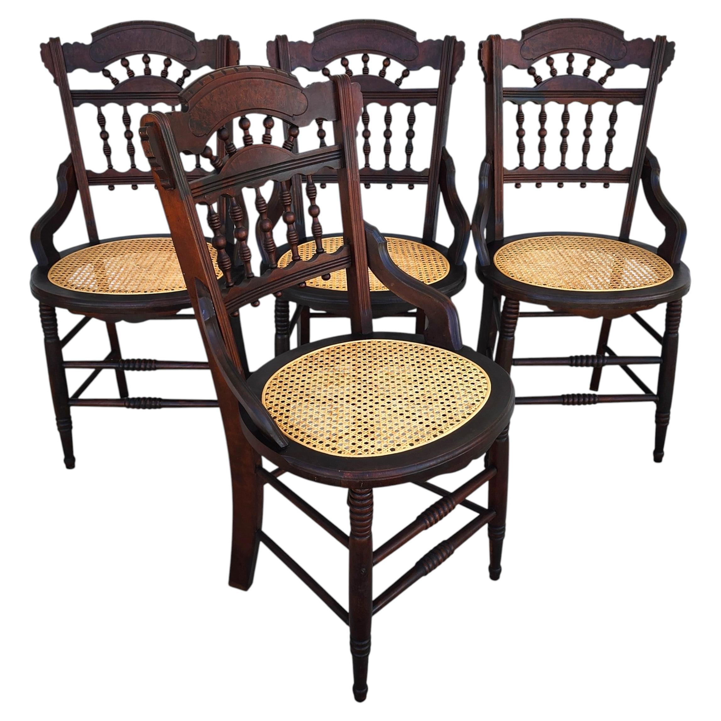 Antique Eastlake Victorian Style Walnut Cane Seat Side Dining Chairs Set of 4