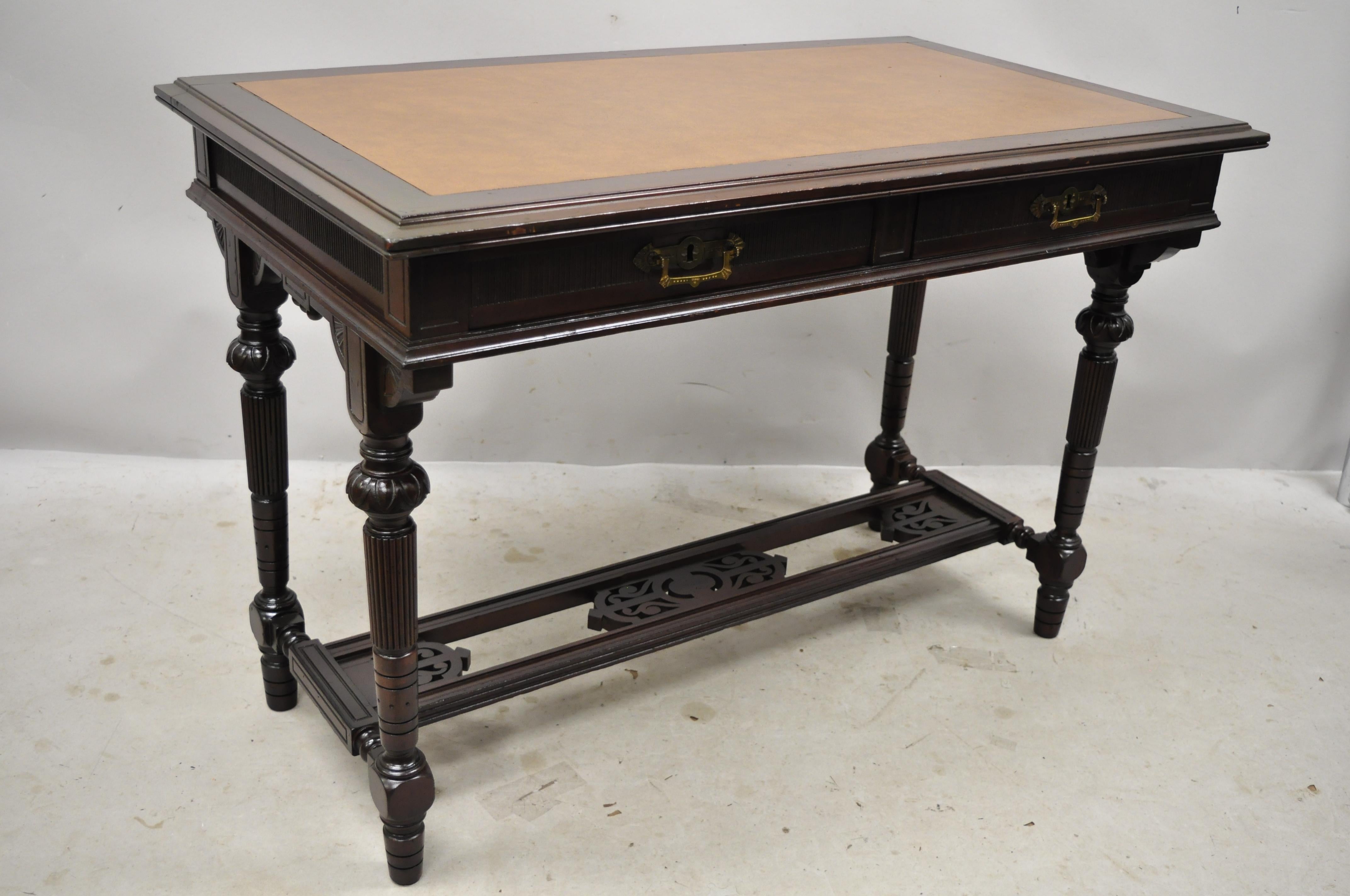 Antique Eastlake Victorian two drawer carved walnut library table desk. Item features solid wood construction, nicely carved details, finished back, no key, but unlocked, 2 dovetailed drawers, solid brass hardware, very nice antique item, quality