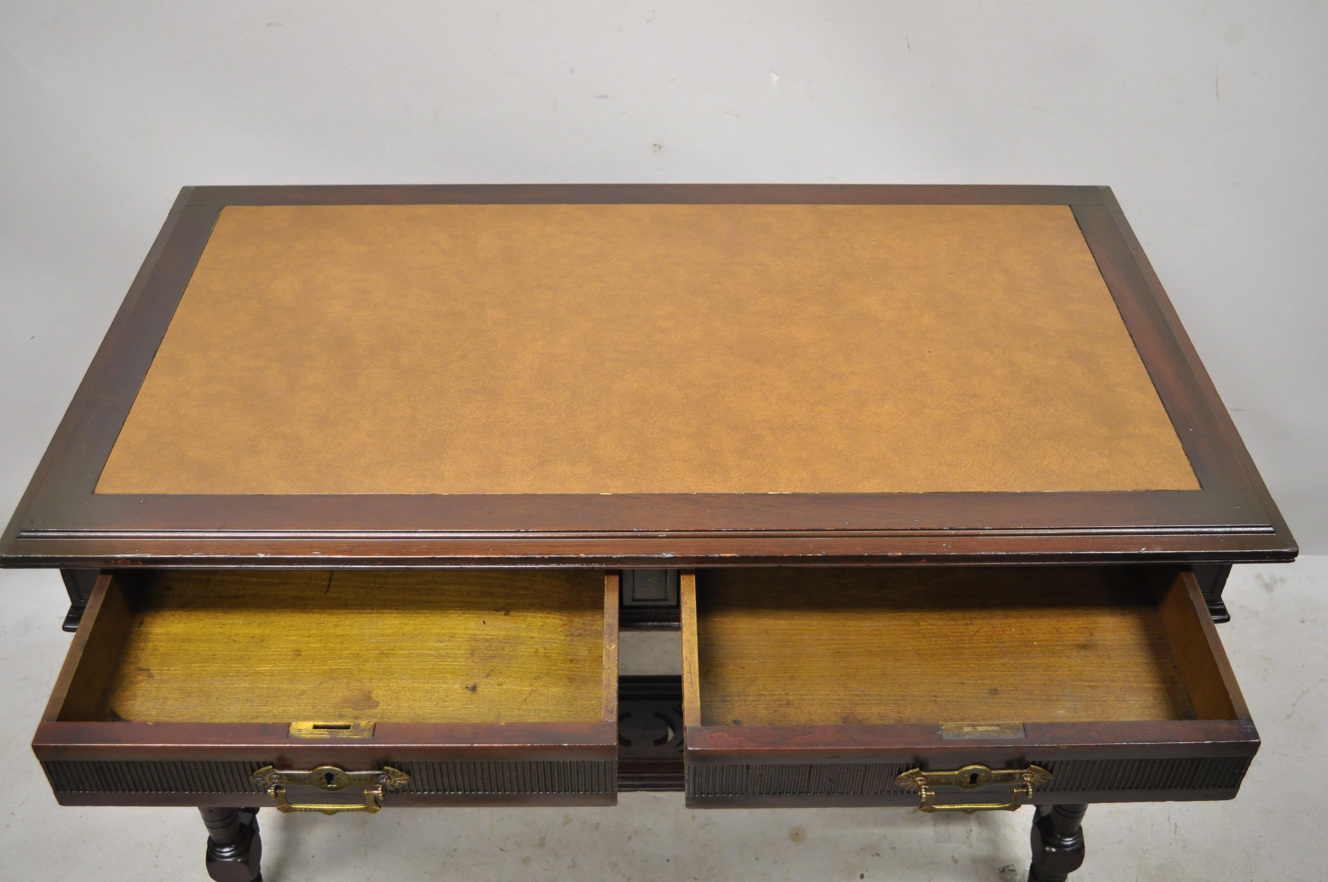 Antique Eastlake Victorian Two Drawer Carved Walnut Library Table Desk In Good Condition In Philadelphia, PA