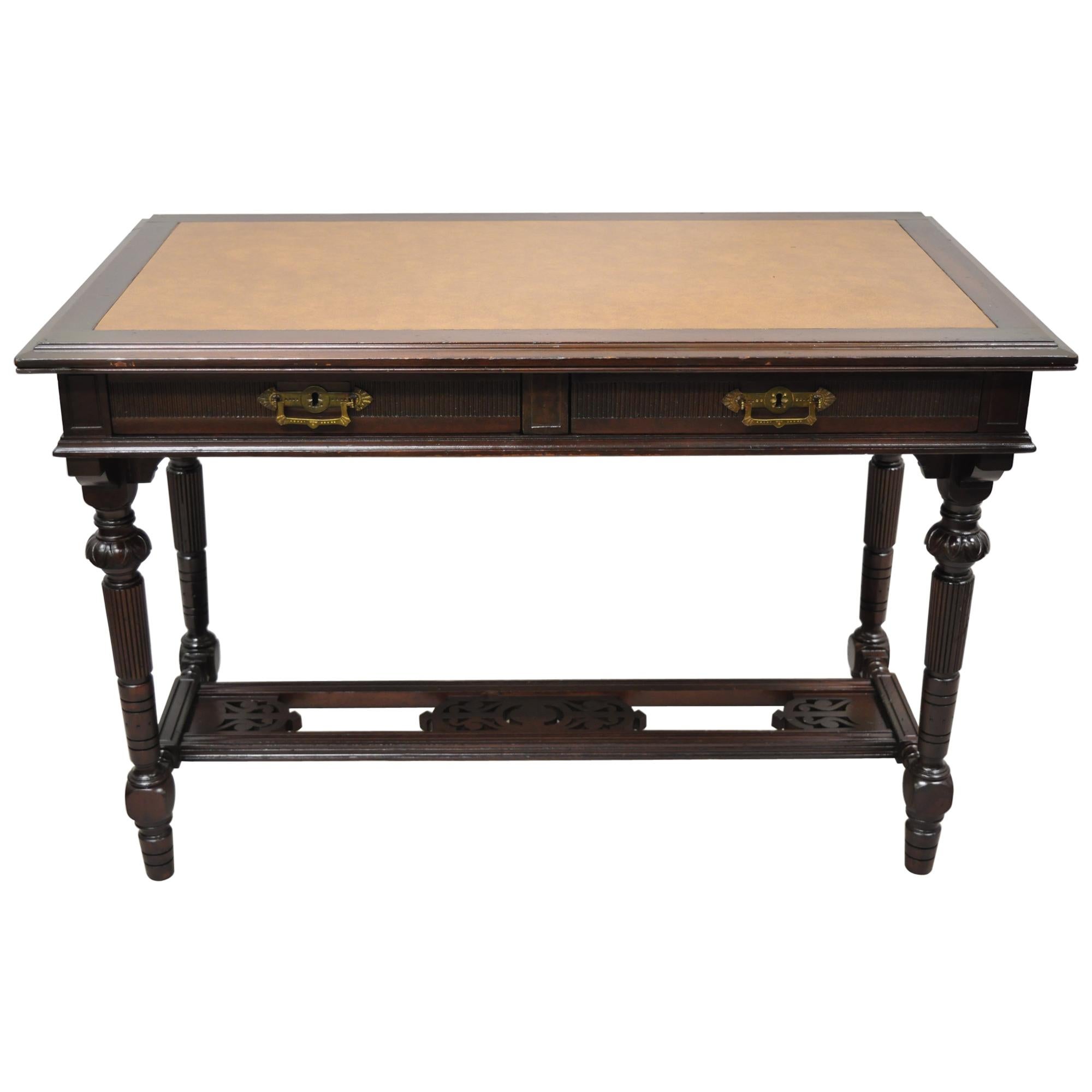 Antique Eastlake Victorian Two Drawer Carved Walnut Library Table Desk