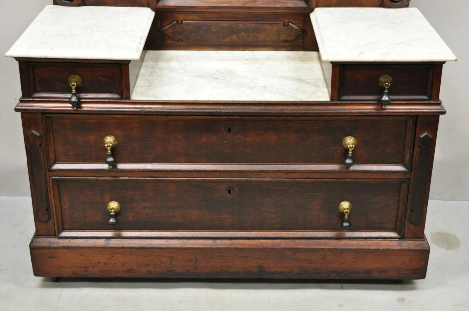 Antique Eastlake Victorian Walnut 3 Marble Tier Dresser Chest With Tall Mirror In Good Condition For Sale In Philadelphia, PA