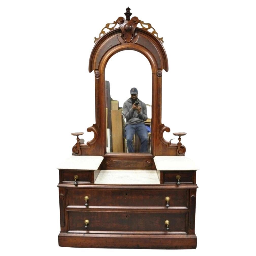 Antique Eastlake Victorian Walnut 3 Marble Tier Dresser Chest With Tall Mirror For Sale