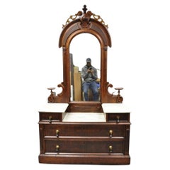 Antique Eastlake Victorian Walnut 3 Marble Tier Dresser Chest With Tall Mirror