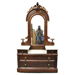 Antique Eastlake Victorian Walnut 3 Marble Tier Dresser with Tall Mirror