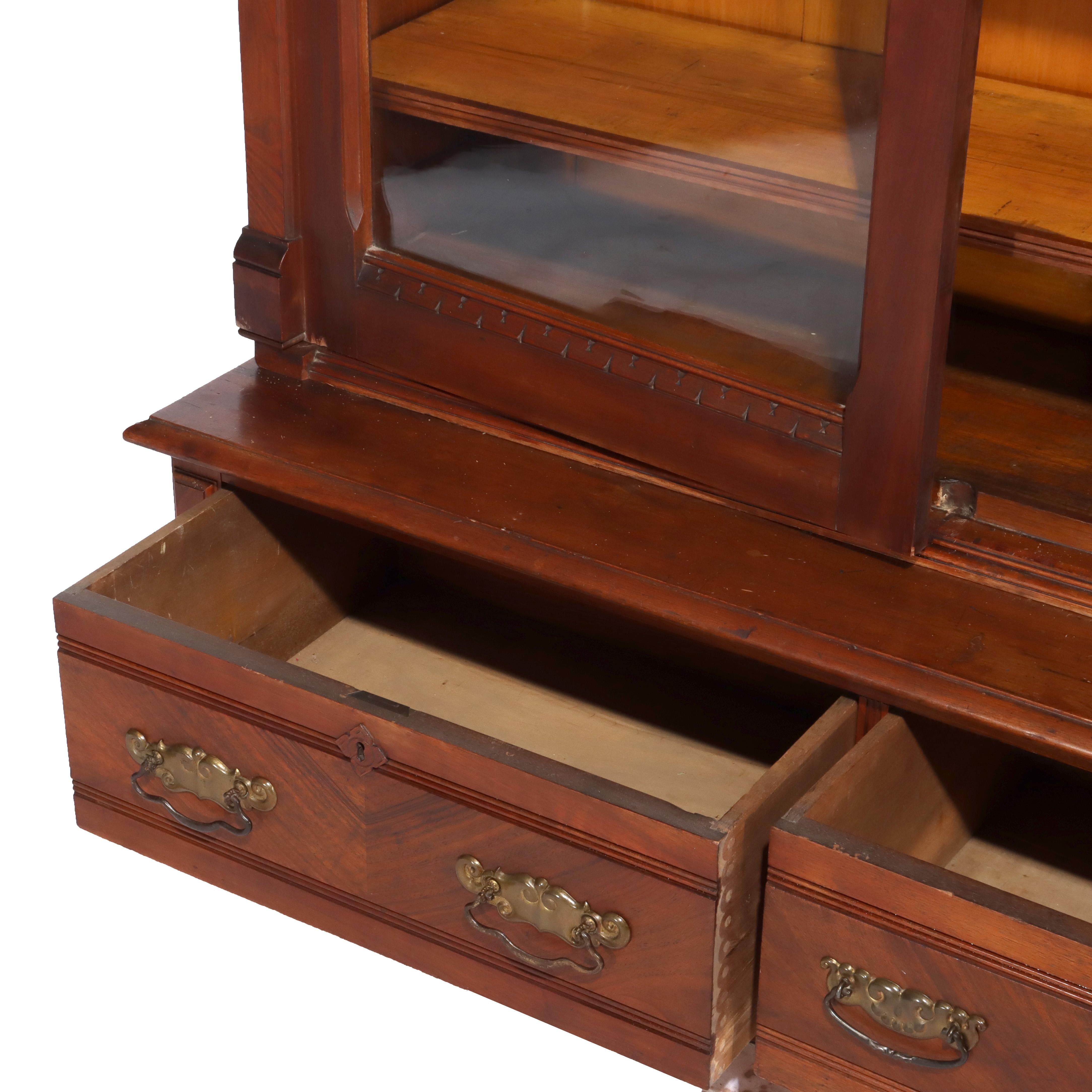 Antique Eastlake Victorian Walnut & Burl 2-Door 2-Drawer Bookcase c1890 For Sale 6