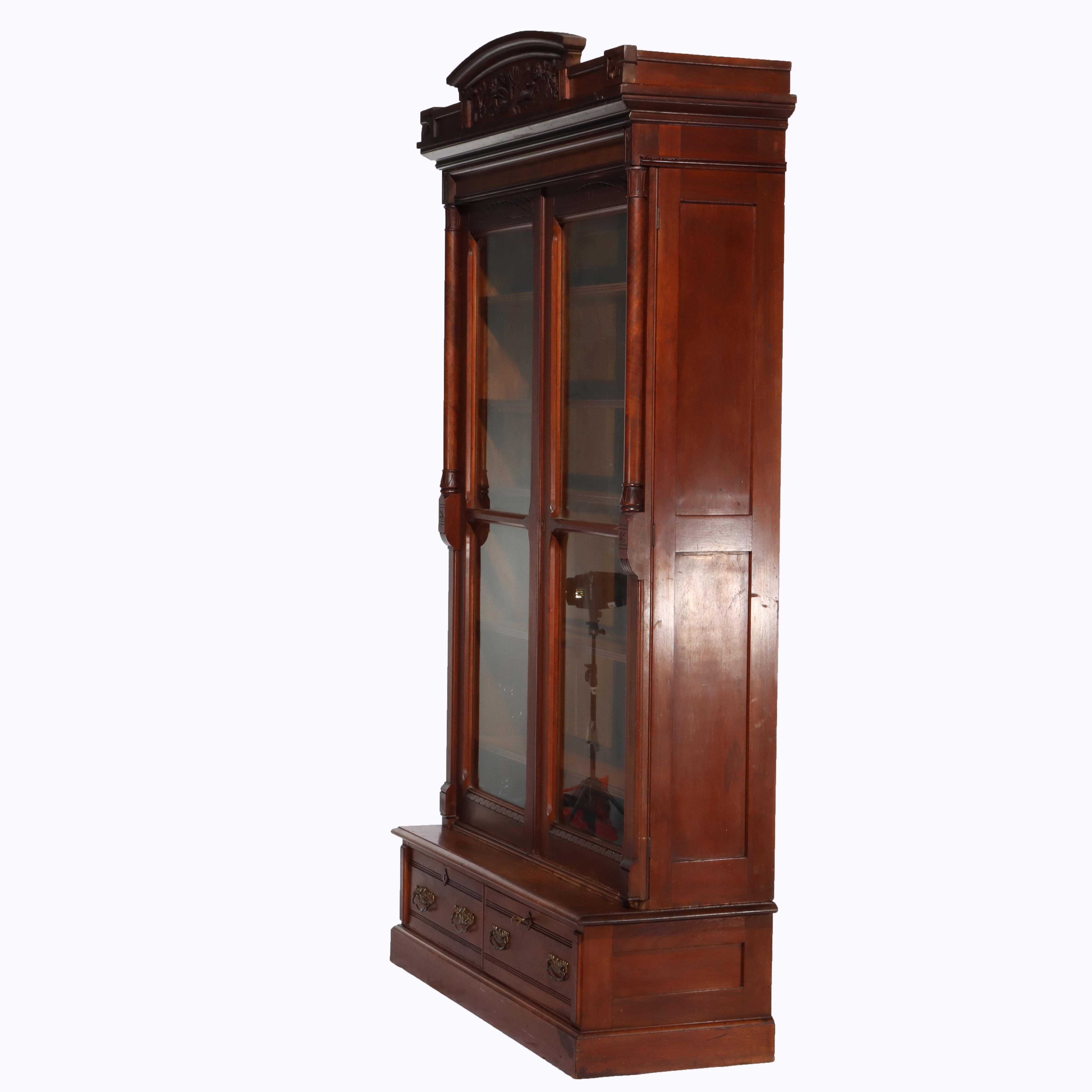 Antique Eastlake Victorian Walnut & Burl 2-Door 2-Drawer Bookcase c1890 For Sale 10