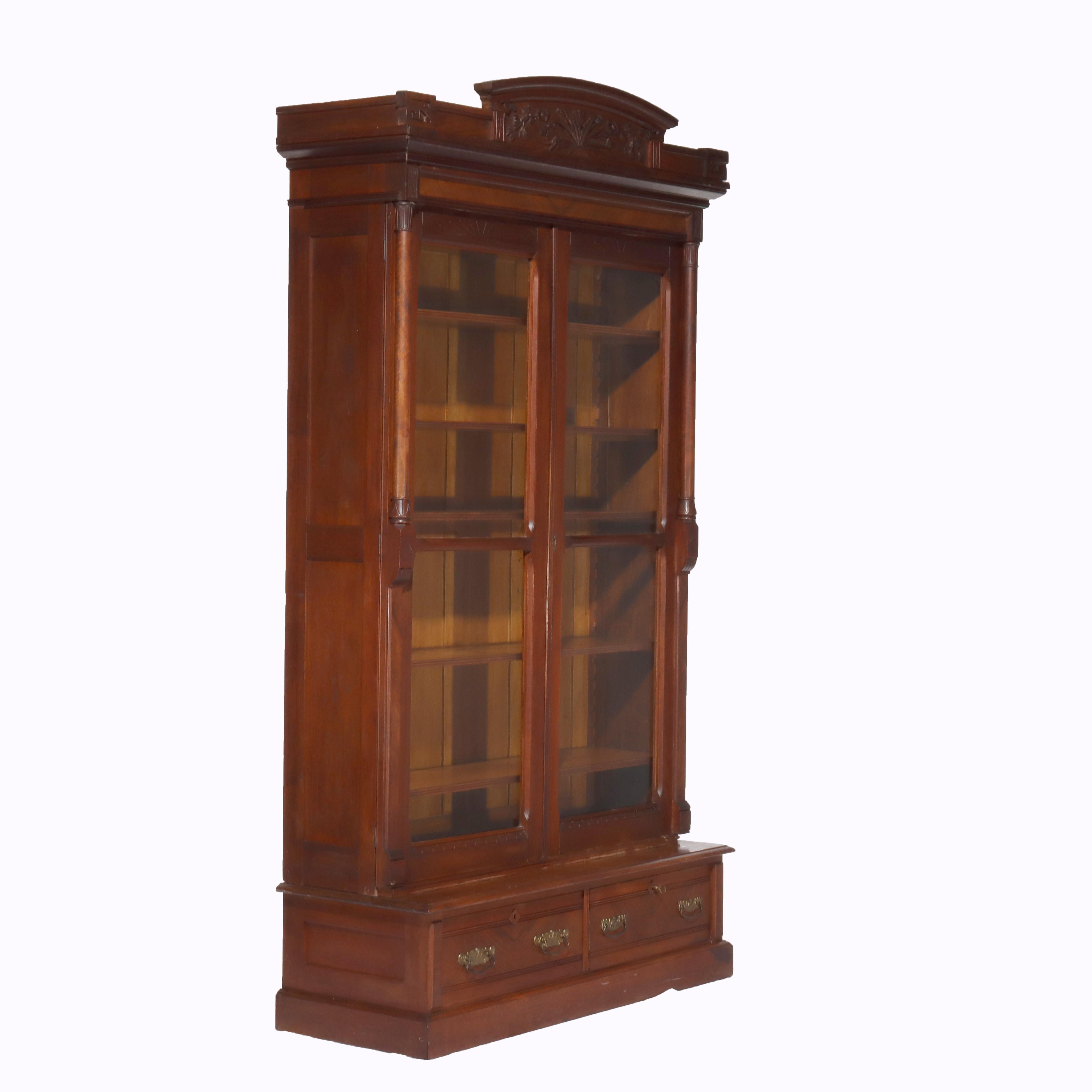 Antique Eastlake Victorian Walnut & Burl 2-Door 2-Drawer Bookcase c1890 For Sale 13
