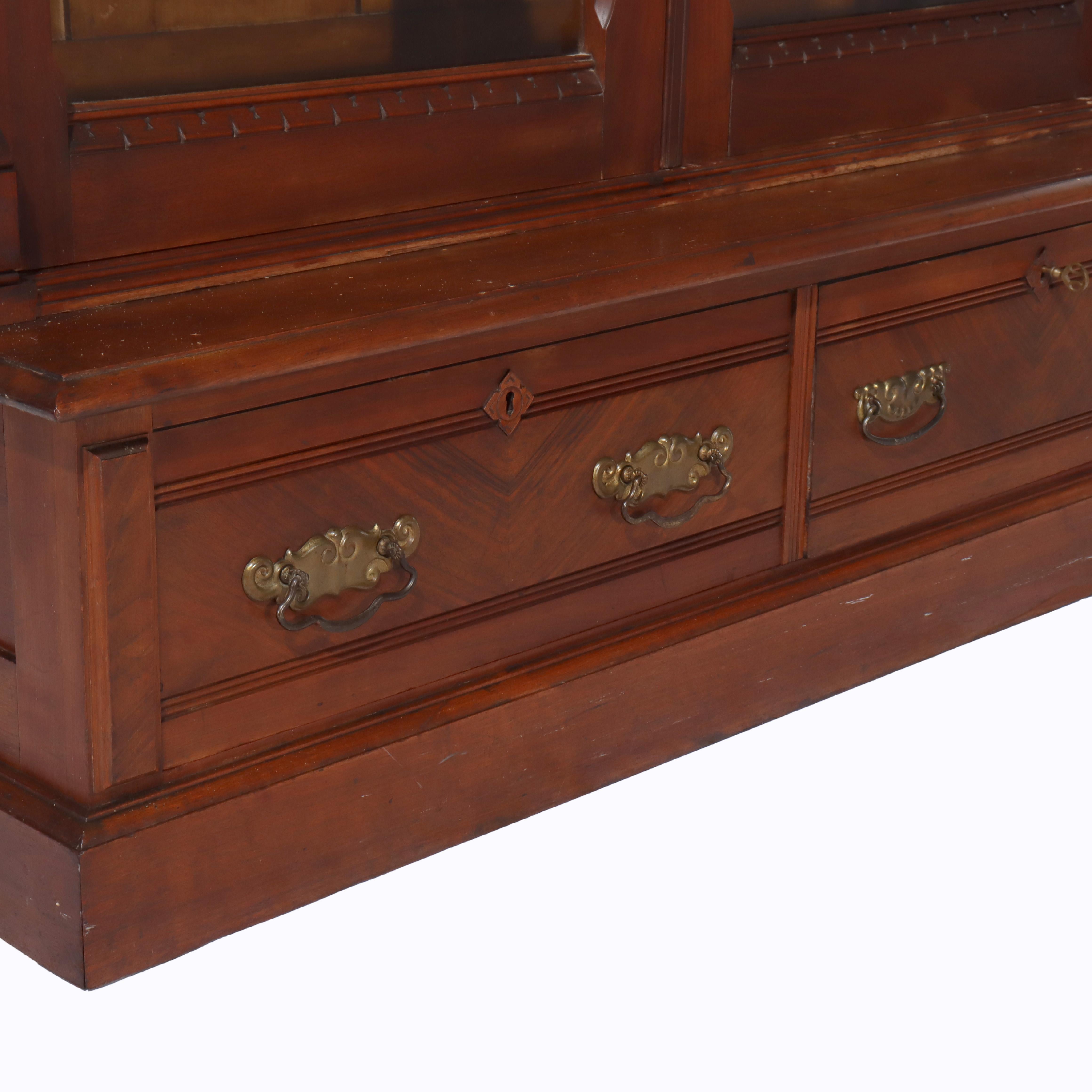 Antique Eastlake Victorian Walnut & Burl 2-Door 2-Drawer Bookcase c1890 For Sale 14