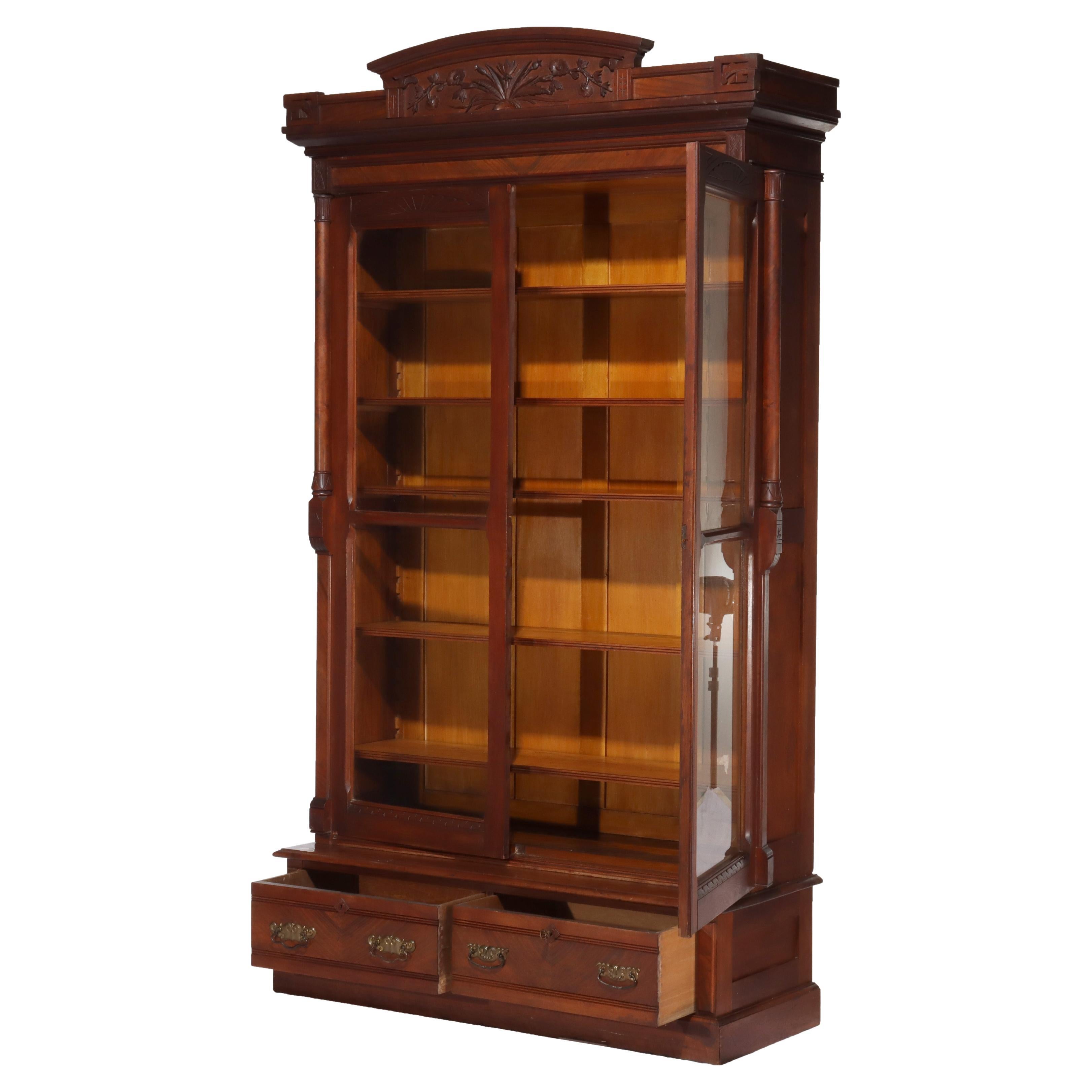 ***Reduced In-House Delivery Rates - Click on “Ask Seller” to Request a Quote***
Antique Eastlake Victorian Walnut & Burl 2 Door 2 Drawer Bookcase C1890.   (91