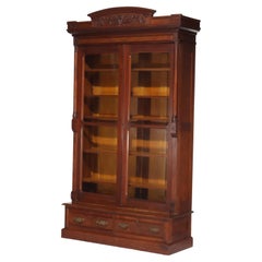 Antique Eastlake Victorian Walnut & Burl 2-Door 2-Drawer Bookcase c1890