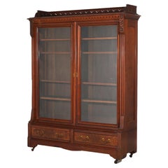 Antique Eastlake Victorian Walnut & Burl Double Door Enclosed Bookcase C1890