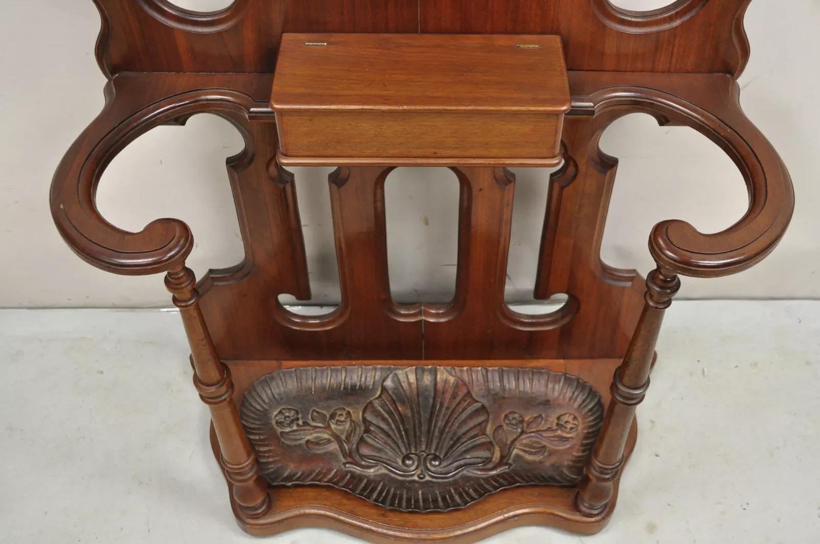 Antique Eastlake Victorian Walnut Coat Hall Tree Umbrella Stand with Mirror For Sale 6