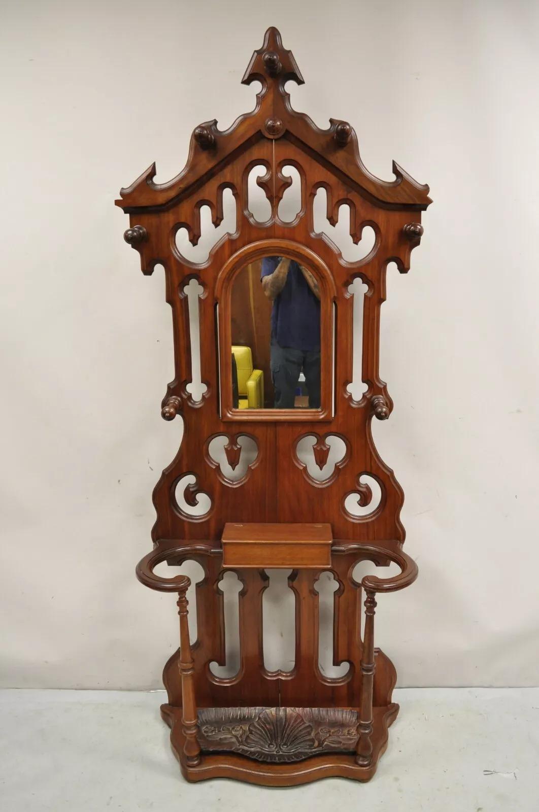 Antique Eastlake Victorian Walnut Coat Hall Tree Umbrella Stand with Mirror For Sale 7