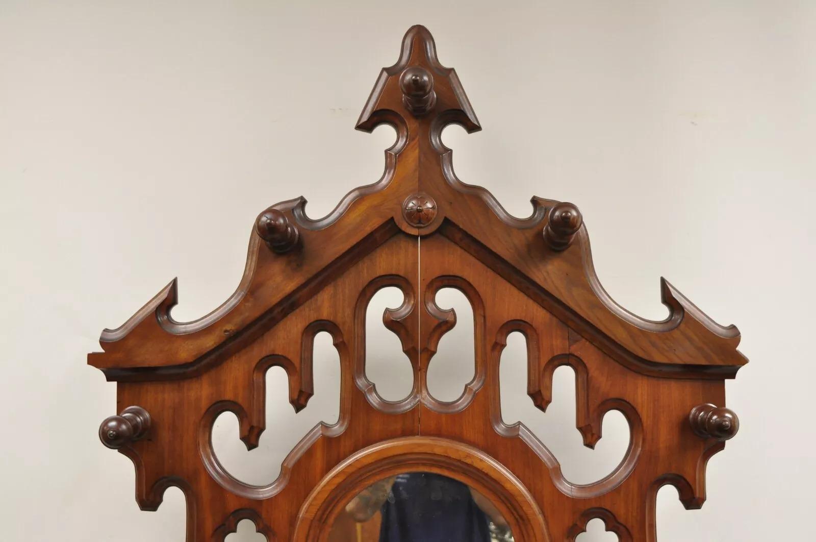 Unknown Antique Eastlake Victorian Walnut Coat Hall Tree Umbrella Stand with Mirror For Sale