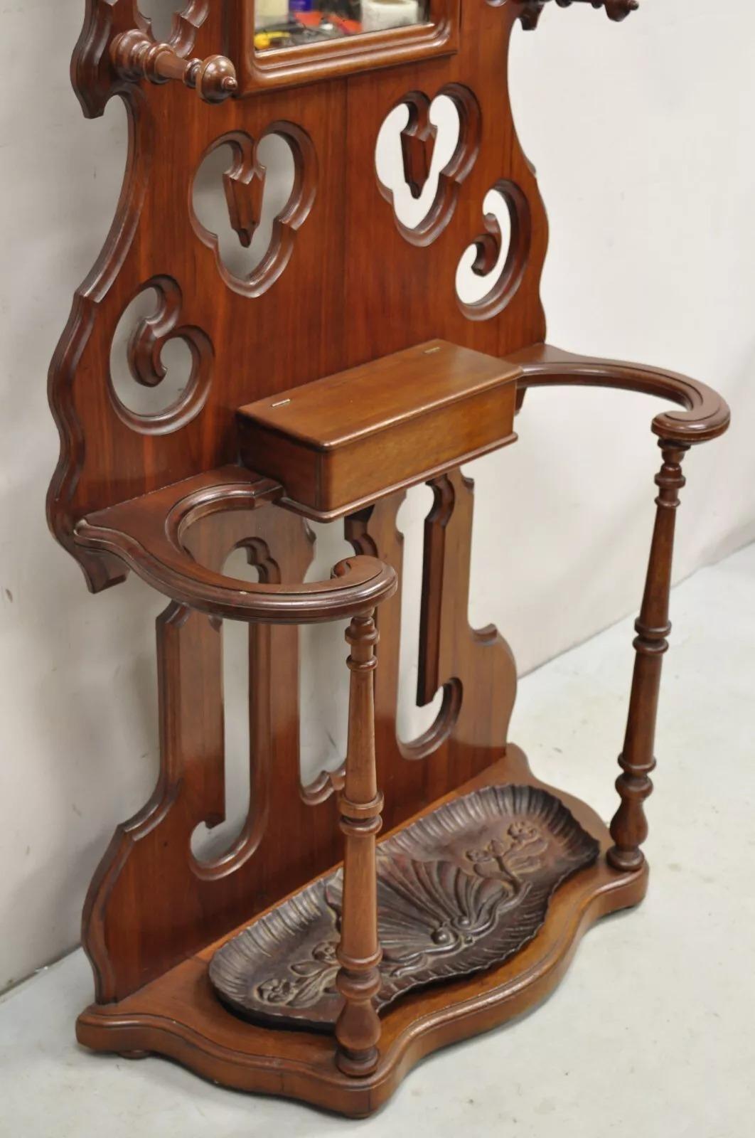 Antique Eastlake Victorian Walnut Coat Hall Tree Umbrella Stand with Mirror In Good Condition For Sale In Philadelphia, PA