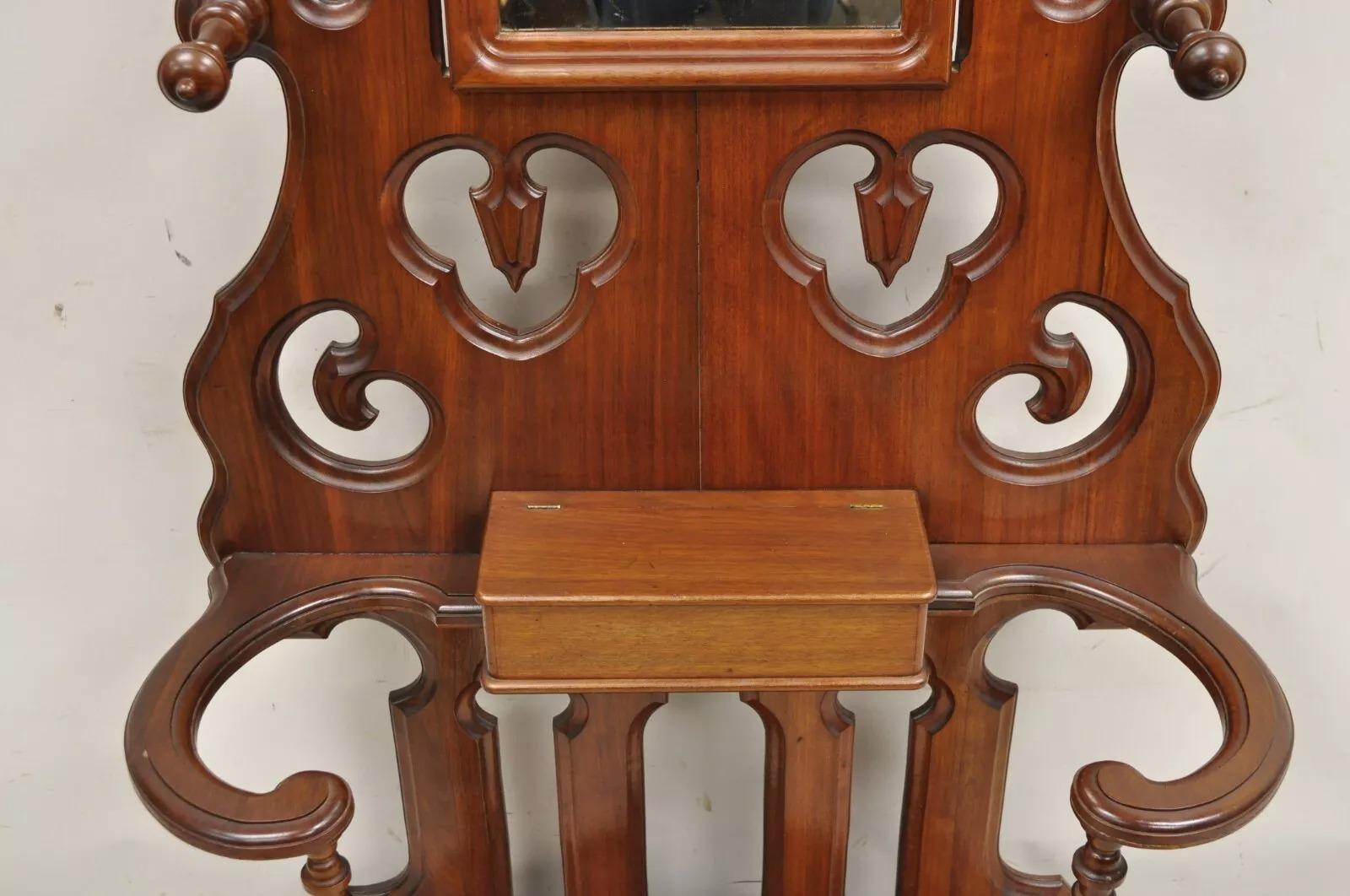 Antique Eastlake Victorian Walnut Coat Hall Tree Umbrella Stand with Mirror For Sale 3