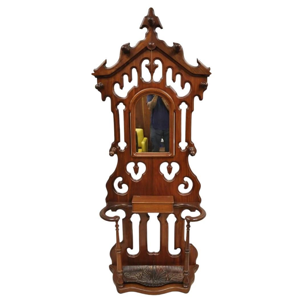 Antique Eastlake Victorian Walnut Coat Hall Tree Umbrella Stand with Mirror
