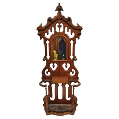 Antique Eastlake Victorian Walnut Coat Hall Tree Umbrella Stand with Mirror