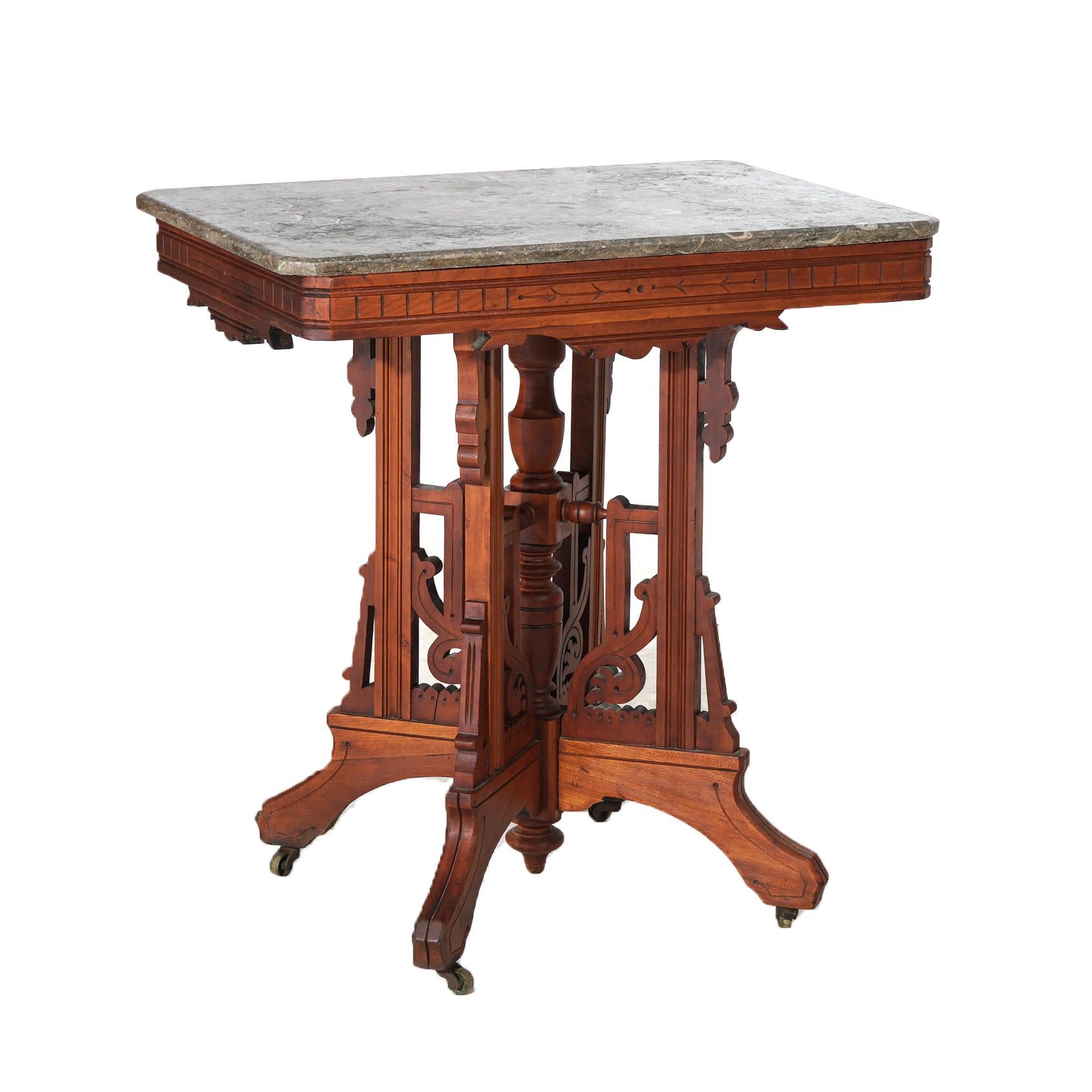 Antique Eastlake Victorian Walnut Marble Top Table C1890 In Good Condition For Sale In Big Flats, NY